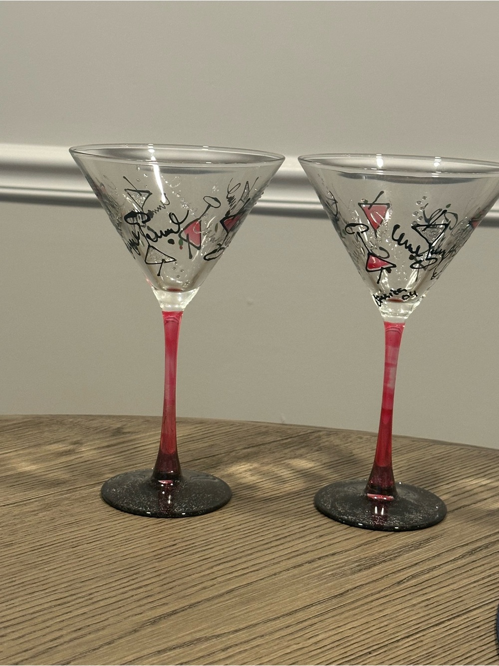 Hand-Painted Pink Stem Martini Glasses - Set of 2